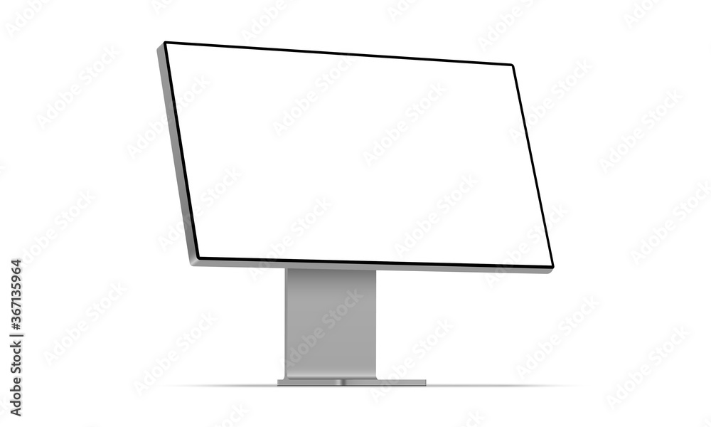 Modern desktop PC mockup with blank screen isolated on white background, perspective side view. Vector illustration Modern desktop PC mockup with blank screen isolated on white background, perspective side view. Vector illustration