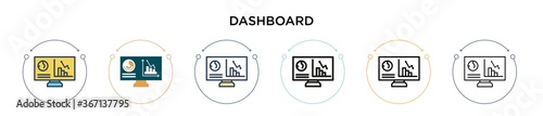 Dashboard icon in filled, thin line, outline and stroke style. Vector illustration of two colored and black dashboard vector icons designs can be used for mobile, ui, web