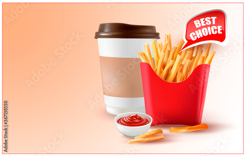 3d.Vector Potatoes French Fries.Meal of Fast Food.Fast Food french fries in paper pack. Vector realistic 3d illustration of black Coffee Cup.Cappuccino.Latte.Americano coffee.Bowl of tomato sauce.