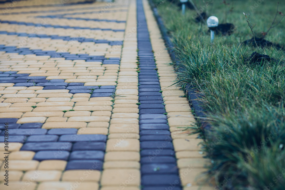 Fototapeta premium Nested pavers of various colors, around the grass is green, chic garden