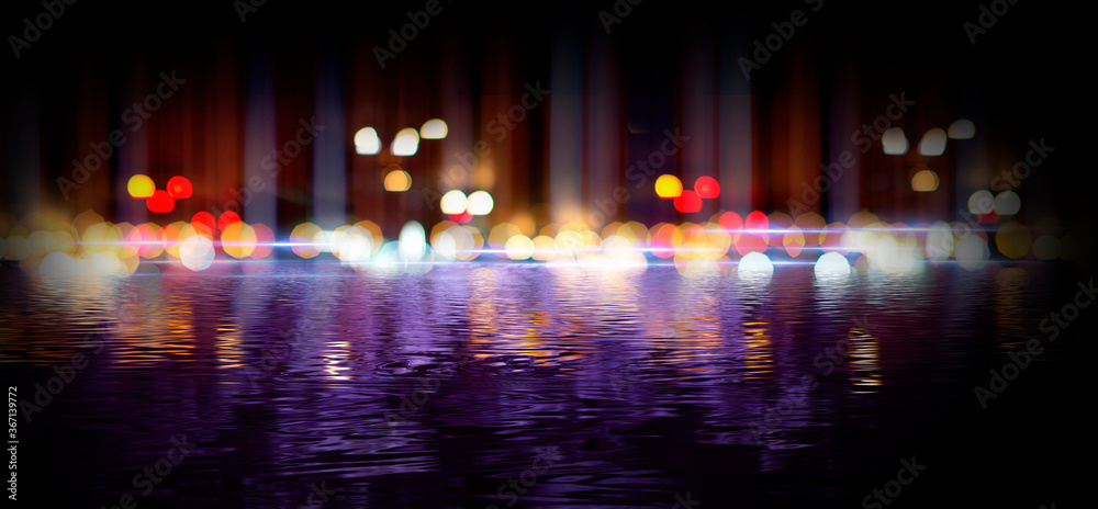 Dark abstract background with bokeh. Reflection in the water of bright blurry lights. Smoke, fog.