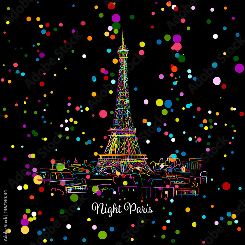 Night Paris,cityscape with Eifel Tower. Sketch for your design