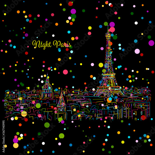Night Paris,cityscape with Eifel Tower. Sketch for your design