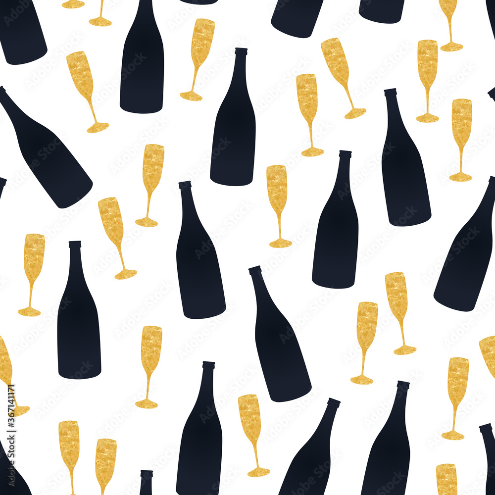 Vector seamless background with a pattern of bottles of champagne and glasses. Gold foil confetti