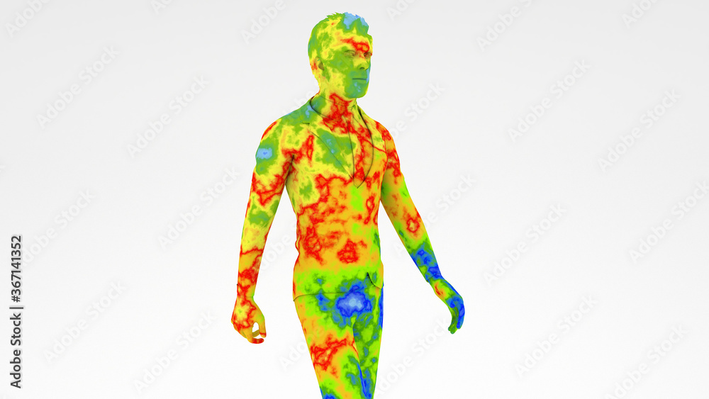 Thermographic image of human showing different temperatures in range of colors from blue cold to red hot.
Thermal imaging camera, detecting out who is likely to have a fever Thermographic image of human showing different temperatures in range of colors from blue cold to red hot.
Thermal imaging camera, detecting out who is likely to have a fever