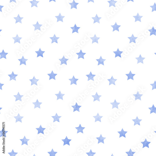 Vector seamless pattern of blue watercolor stars on a white background