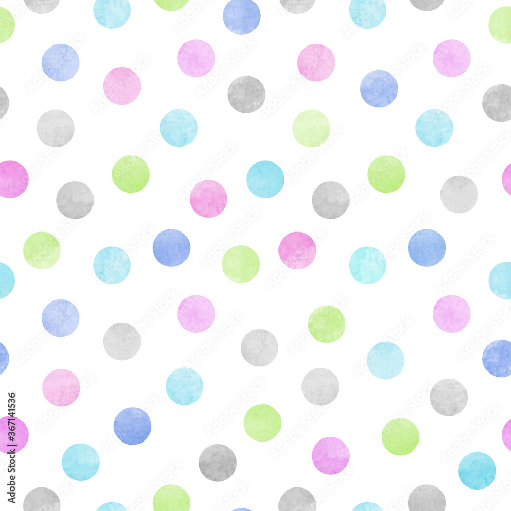 Vector seamless pattern of multicolor watercolor circles on a white background