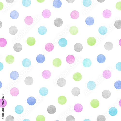 Vector seamless pattern of multicolor watercolor circles on a white background