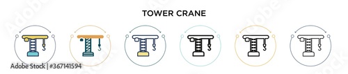 Tower crane icon in filled, thin line, outline and stroke style. Vector illustration of two colored and black tower crane vector icons designs can be used for mobile, ui, web