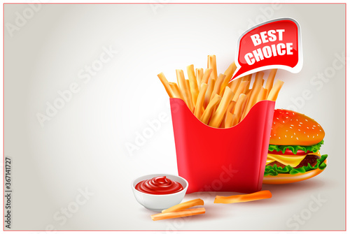3d.Vector hamburger. A realistic image of a burger with cheese, tomato, lettuce, meat.Potatoes French Fries.Meal of Fast Food.Fast Food french fries in paper pack. Bowl of tomato sauce.