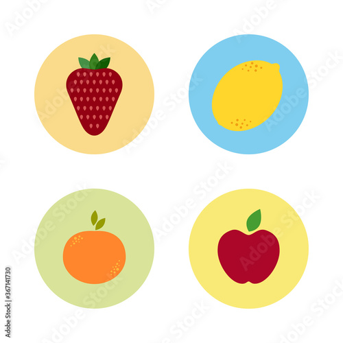 Fototapeta Naklejka Na Ścianę i Meble -  Colorful flat set of fruit and berry on white isolated background. Strawberry, lemon, orange, apple. Suitable for web, poster, banner, menu design, postcard.