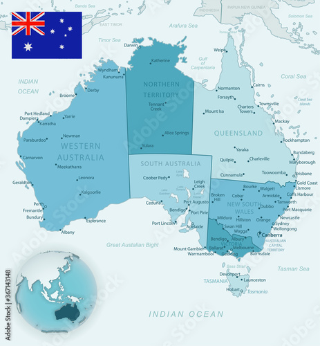 Blue-green detailed map of Australia and administrative divisions with country flag and location on the globe.