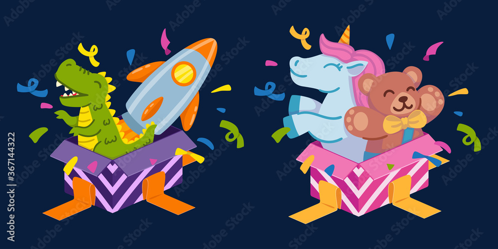 Naklejka premium Open gift boxes for boy with dinosaur and space rocket and for girl with unicorn and teddy bear. Set of elements for a happy birthday greeting card and for a party invitation. Vector illustration.