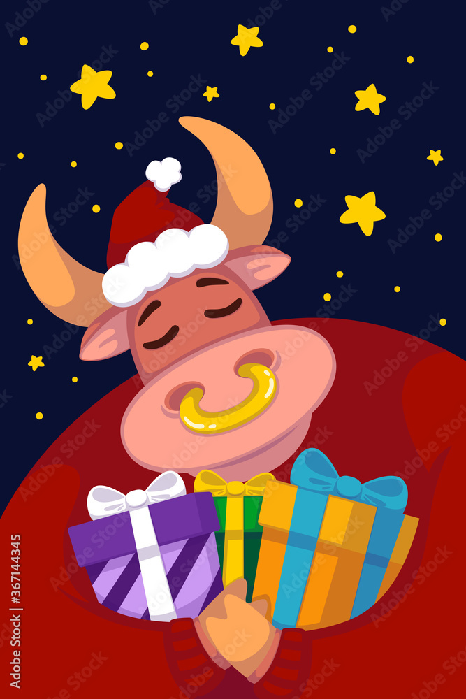Bull in a santa hat and a red sweater with gifts against the background of the starry sky. Year of the ox. Happy Cow. New year and merry christmas illustration. Chinese zodiac symbol of the year 2021.