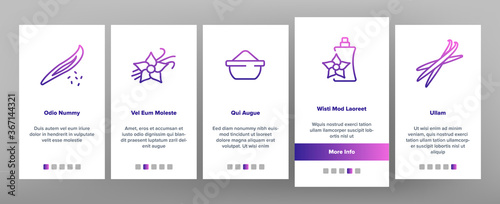 Vanilla Flower Spice Onboarding Mobile App Page Screen Vector. Vanilla Stick Spicy Ingredient For Ice Cream And Coffee, Donut And Drink, Bottle And Bag Illustrations