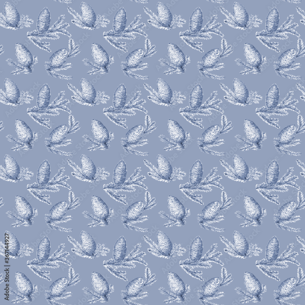 Seamless pattern with fir cones on a deep grey-indigo background. Elegant and contemporary design for holiday season. Toned watercolor fine illustration. Seamless pattern with fir cones on a deep grey-indigo background. Elegant and contemporary design for holiday season. Toned watercolor fine illustration.