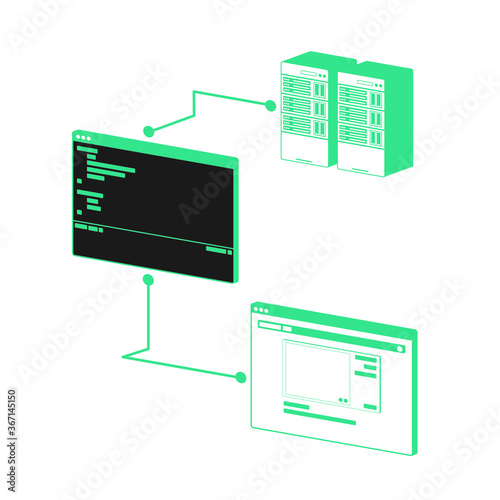 3 dimention design working process of the website has working sections which are display program and database.