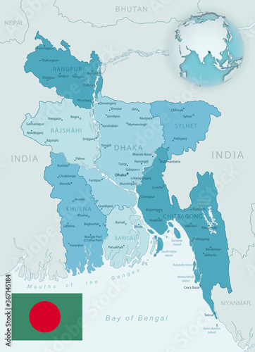 Fototapeta Naklejka Na Ścianę i Meble -  Blue-green detailed map of Bangladesh administrative divisions with country flag and location on the globe.