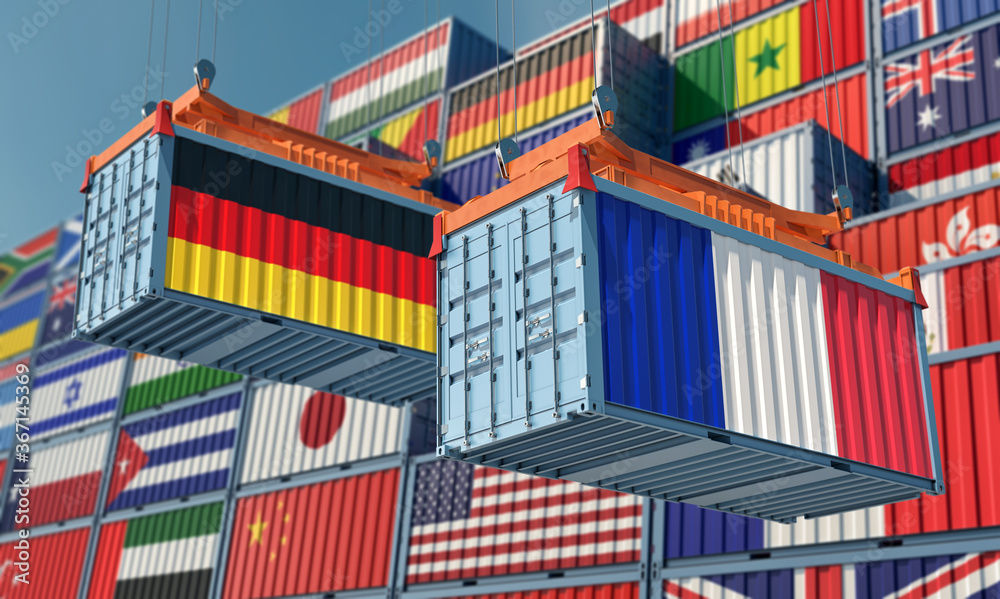 Freight containers with German and France flag. 3D Rendering 