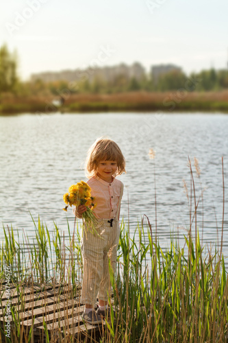 Little boy holding bunch of yellow dandelion flowers in a park