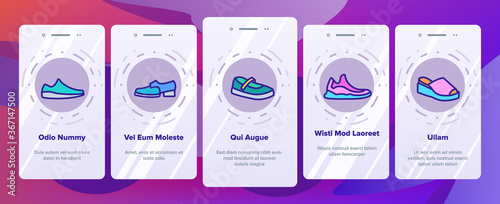 Shoes Footwear Shop Onboarding Mobile App Page Screen Vector. Different Shoes Sneaker And Moccasin, Slippers And Boots, Toe And Loafer Illustrations