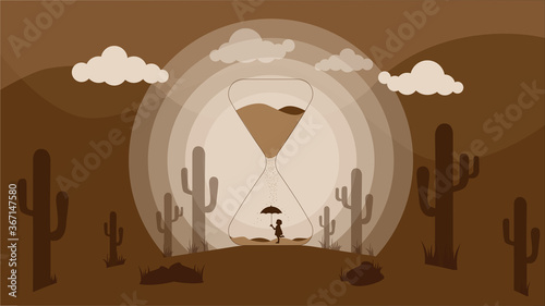 Little Girl with umbrella inside sand timer minimalist art