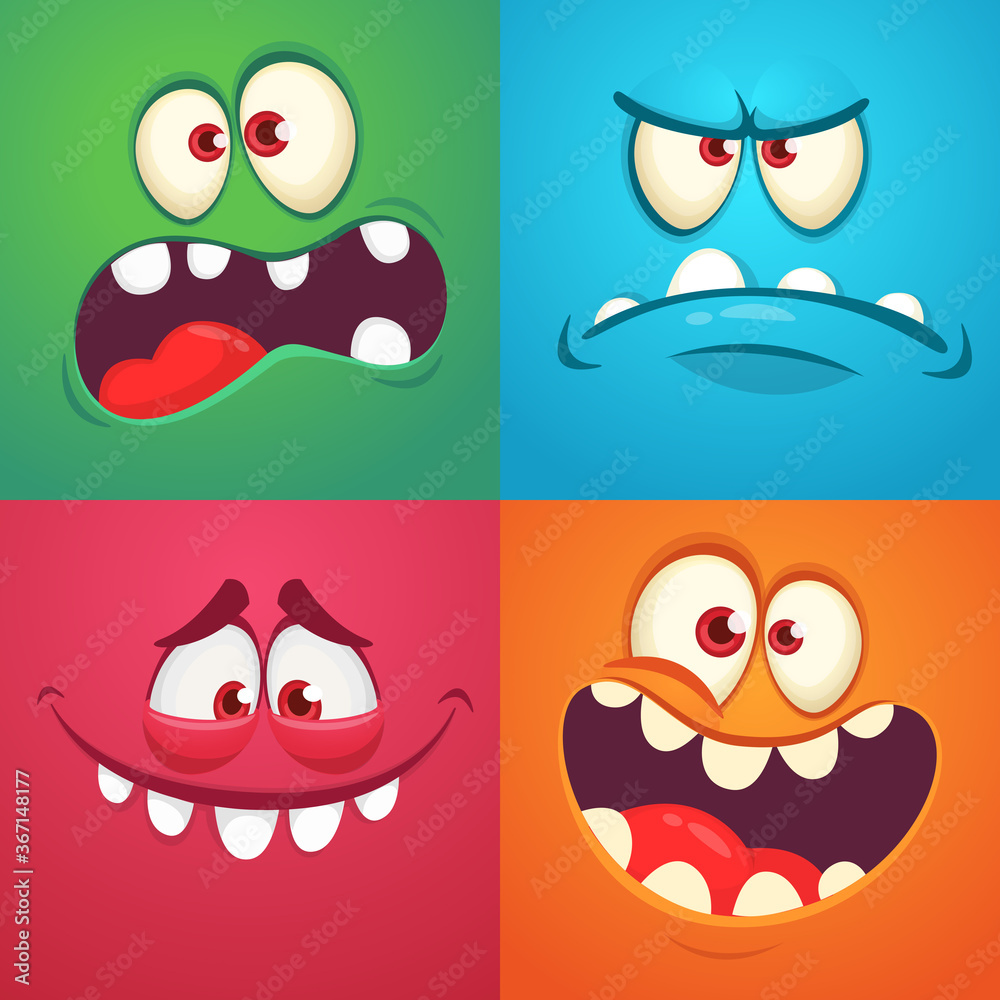 Cartoon monster faces set. Vector collection of four Halloween monster avatars with different face expressions. Isolated Cartoon monster faces set. Vector collection of four Halloween monster avatars with different face expressions. Isolated