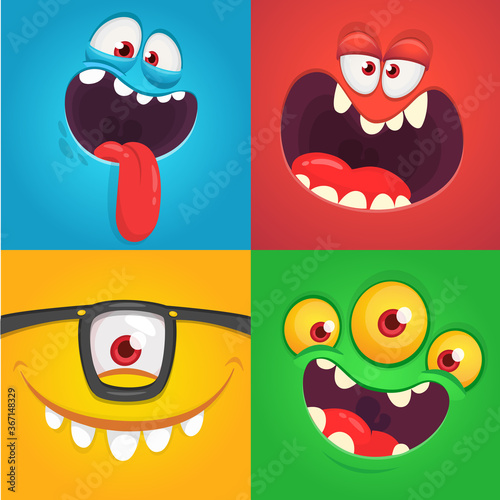 Cartoon monster faces set. Vector collection of four Halloween monster avatars with different face expressions. Isolated