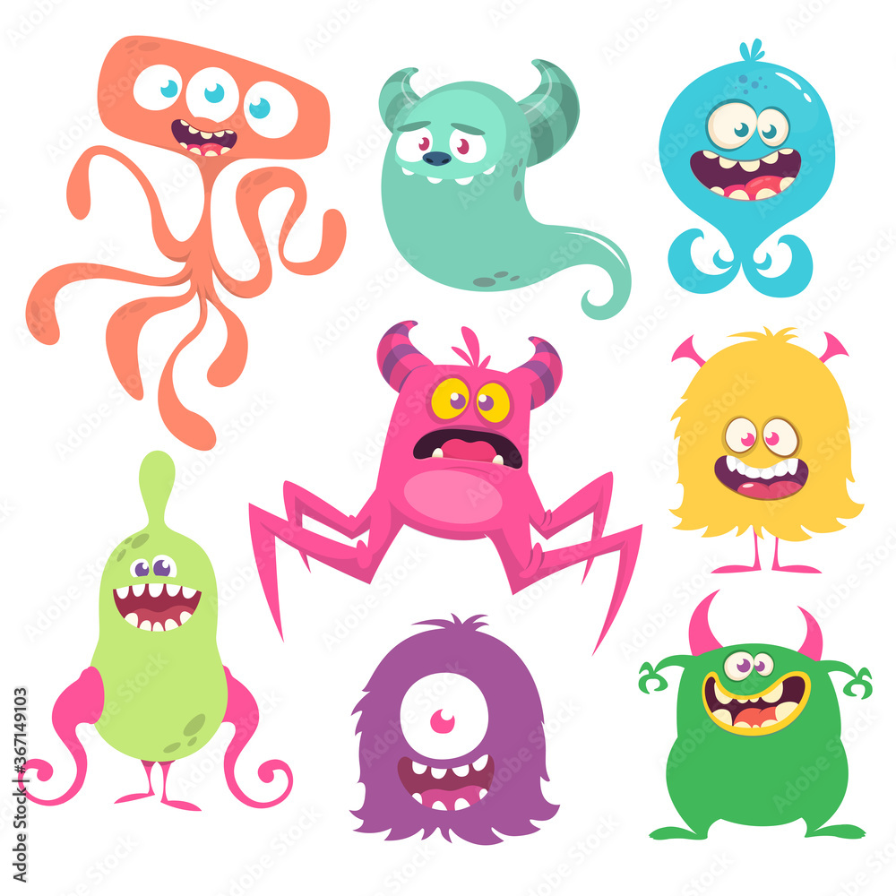 Funny cartoon creatures. Set of cartoon vector monsters. Halloween design illustration