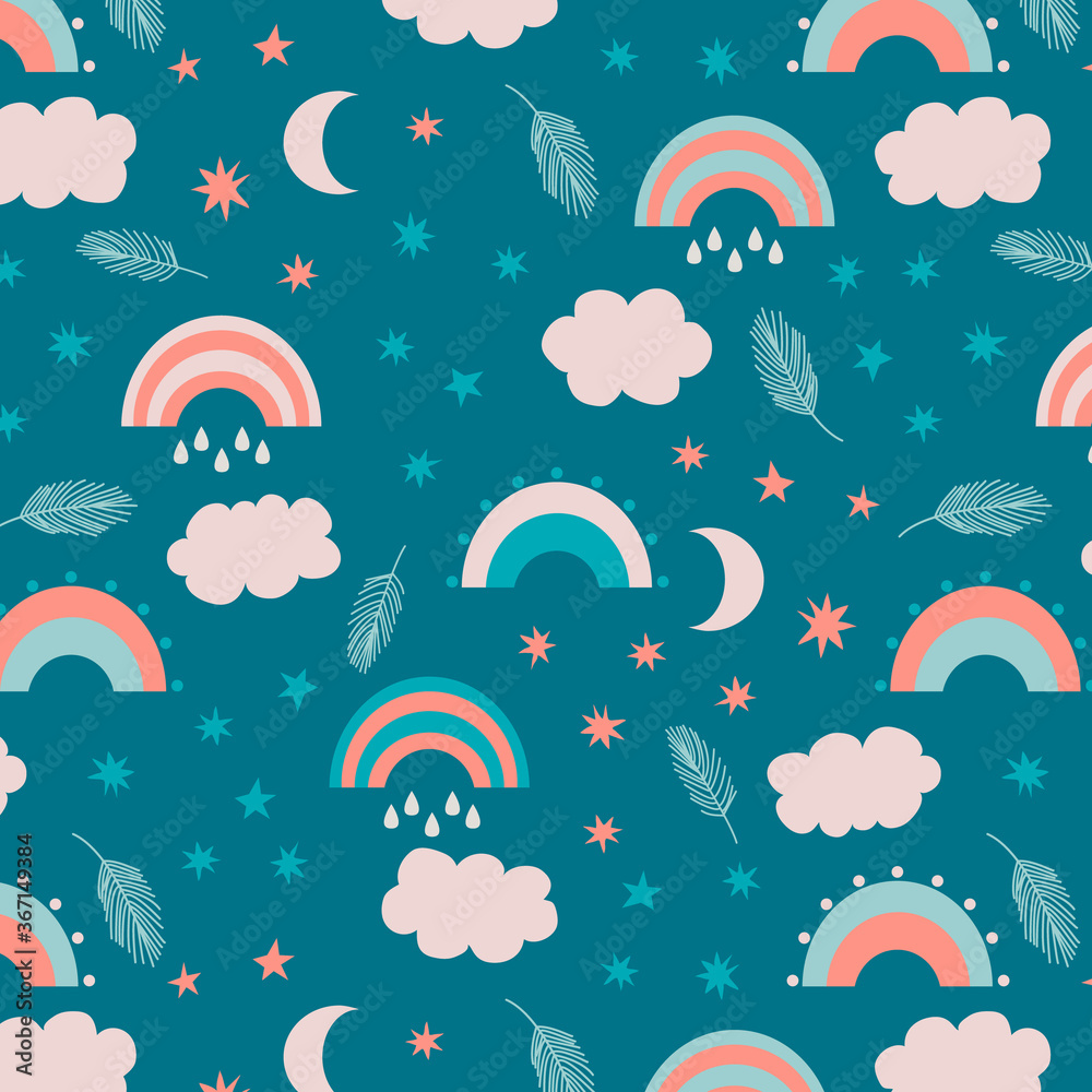 Seamless vector pattern in boho kids style. Rainbow, stars and moon, feathers and clouds. Cute design for textile, fabric, paper. Seamless vector pattern in boho kids style. Rainbow, stars and moon, feathers and clouds. Cute design for textile, fabric, paper.