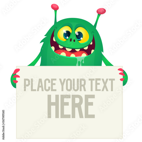 Catoon monster holding blank sign with sample message on it. Vector illustration isolated