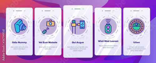 Selfie Photo Camera Onboarding Mobile App Page Screen Vector. Selfie Stick And Tripod, Lens And Light Equipment, Remote Control Accessory For Photograph Illustrations