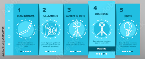 Selfie Photo Camera Onboarding Mobile App Page Screen Vector. Selfie Stick And Tripod, Lens And Light Equipment, Remote Control Accessory For Photograph Illustrations