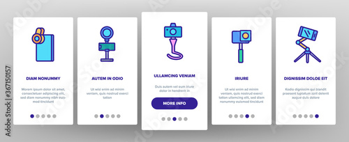Selfie Photo Camera Onboarding Mobile App Page Screen Vector. Selfie Stick And Tripod, Lens And Light Equipment, Remote Control Accessory For Photograph Illustrations