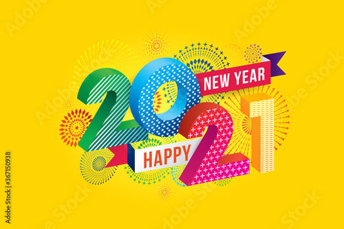 Vector Happy New Year 2021 with fireworks and text design.