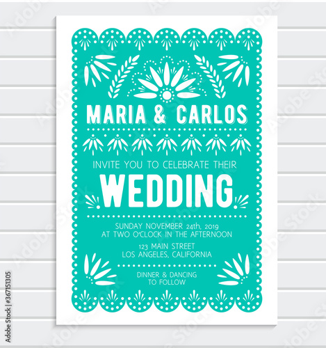 Vector wedding invitation template. Papel picado banner with floral pattern. Mexican paper cut style.