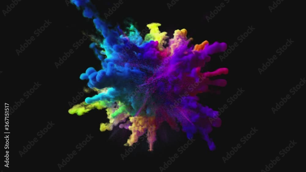 Explosion of colorful multicolored smoke and powder in slow motion against black background
