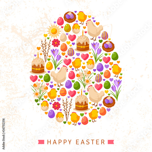 Wallpaper Mural Happy Easter Day Concept with Flat Lovely Icons Arranged in Form of Egg. Vector illustration. Eggs Collection, Chick and Hen, Daffodils and Crocuses, Sweet Cake, Nest with Eggs. Easter Egg Hunt. Torontodigital.ca