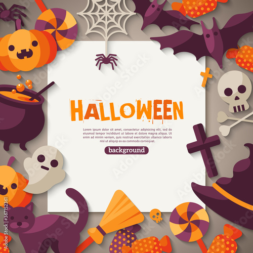 Halloween Background. Vector Illustration. Flat Halloween Icons with Square Frame. Trick or Treat Concept. Orange Pumpkin and Spider Web, Witch Hat and Cauldron, Skull and Crossbones.