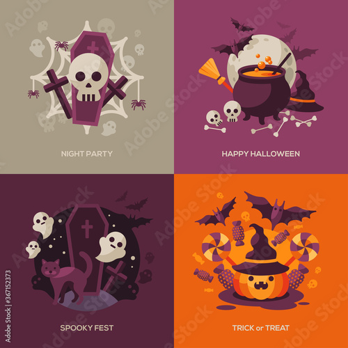 Set of Halloween Concepts. Vector Illustration. Orange Pumpkin and Spider Web, Witch Hat and Cauldron, Skull and Crossbones. Halloween Night Party. Trick or Treat.