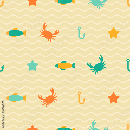 Seamless Patterns of Marine Symbols - crab, sea star, fish and fishhook on wavy background. Vector illustration. Sea life.