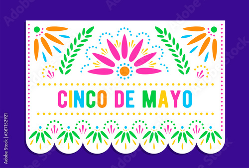 Cinco de Mayo. Vector papel picado banner with floral pattern. Mexican holiday decorations template.