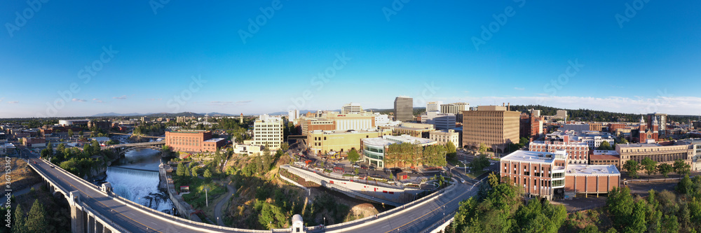 panorama drone view of downtown Spokane