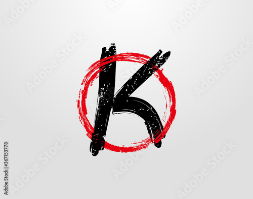 K Letter Logo With Red Circle Grunge Splatter Element. Retro K logo design template.
