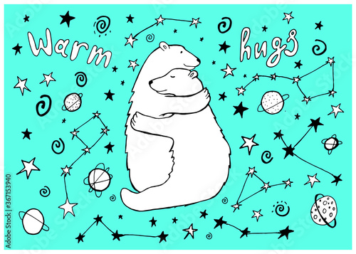 Cute black and white polar bear and warm hugs quote with constellation isolated on blue background. Hand drawn animals illustration for card, poster, t-shirt, vall art.