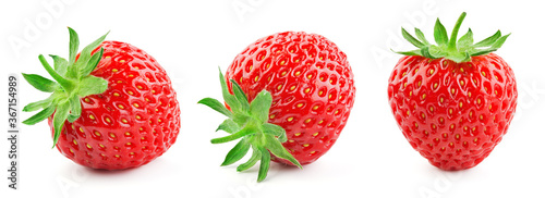 Strawberry isolated. Strawberries with leaf isolate. Whole strawberry on white. Strawberries isolate. Top view strawberries set. Full depth of field.