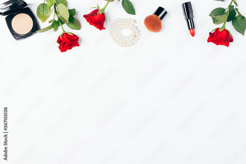 Flat lay composition of classic red lipstick