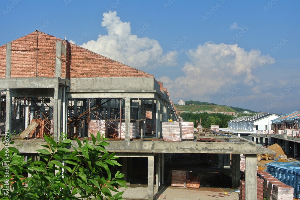 SEREMBAN, MALAYSIA -APRIL 07, 2020: New double story luxury terrace house under construction in Malaysia.  Designed by an architect with a modern and contemporary style. 