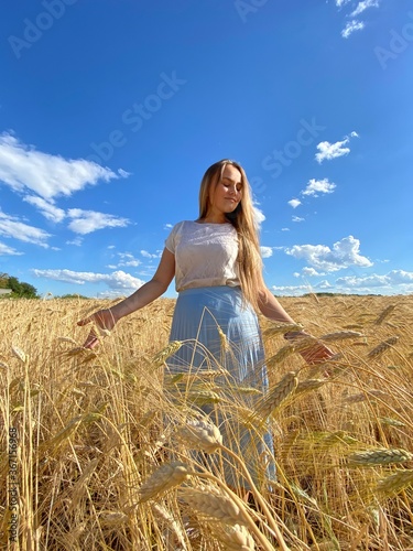 beautiful woman walks in a field with ears, takes pictures in a wheat field
