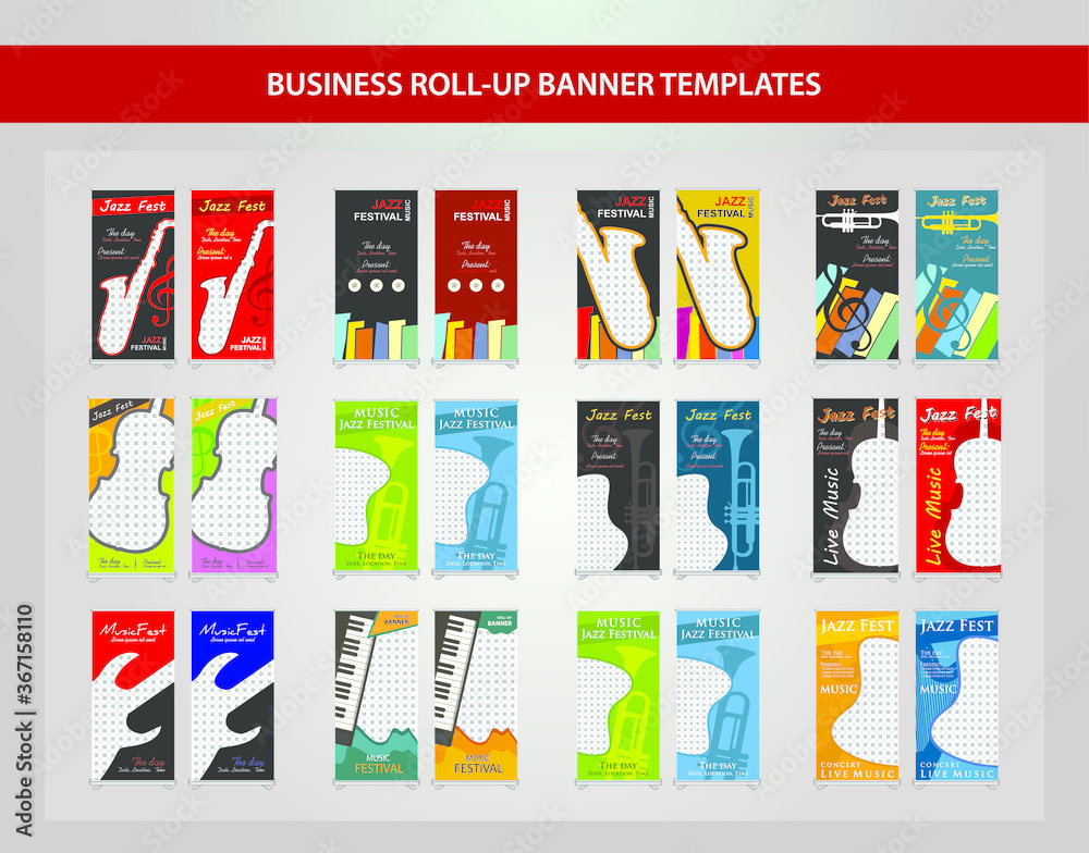 Set of Modern Roll Up Banner Design With Music Concept. Vertical Banner template design bundle,for advertising